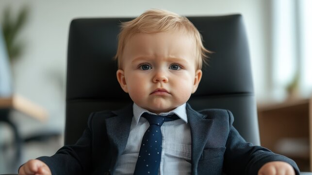 This image features a young child dressed in a formal suit, deep in thought while seated in a modern office chair, embodying seriousness beyond their age.