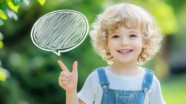 Happy child pointing at blank speech bubble in sunny garden