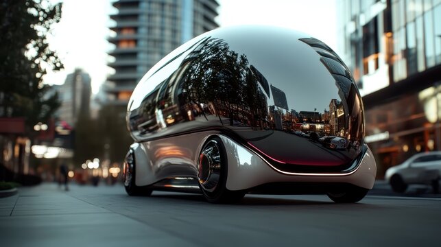A futuristic, sleek vehicle with a reflective surface moves through a modern urban landscape, symbolizing innovation and the evolution of transportation in contemporary society.