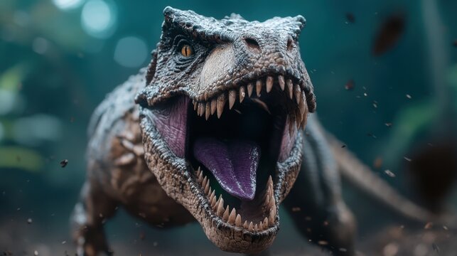 A highly detailed dinosaur charges through a misty forest, capturing the prehistoric power and wildness of nature, evoking feelings of awe and excitement in the viewer.