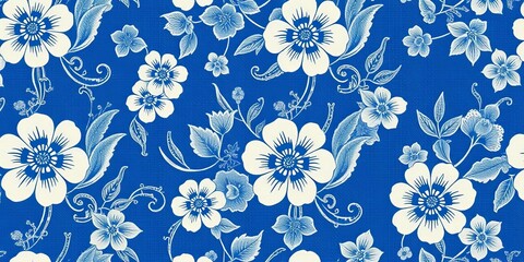 Subtle indigo floral kimono textile, repeating seamless vintage pattern, background texture, repeat