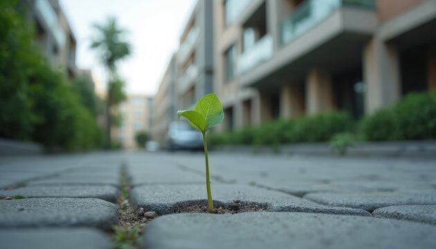Green sprout growing in concrete sidewalk. Image new life, eco, urban growth, business resilience. Concept of innovation, hope for future, development in urban environment, positive new beginnings.