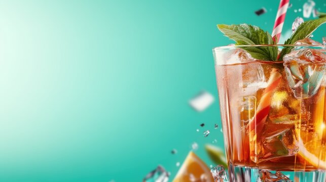 A refreshing iced beverage sits vibrantly with mint leaves and lemon slices, embodying summer vibes and thirst-quenching enjoyment, perfect for hot days and social gatherings. - Powered by Adobe