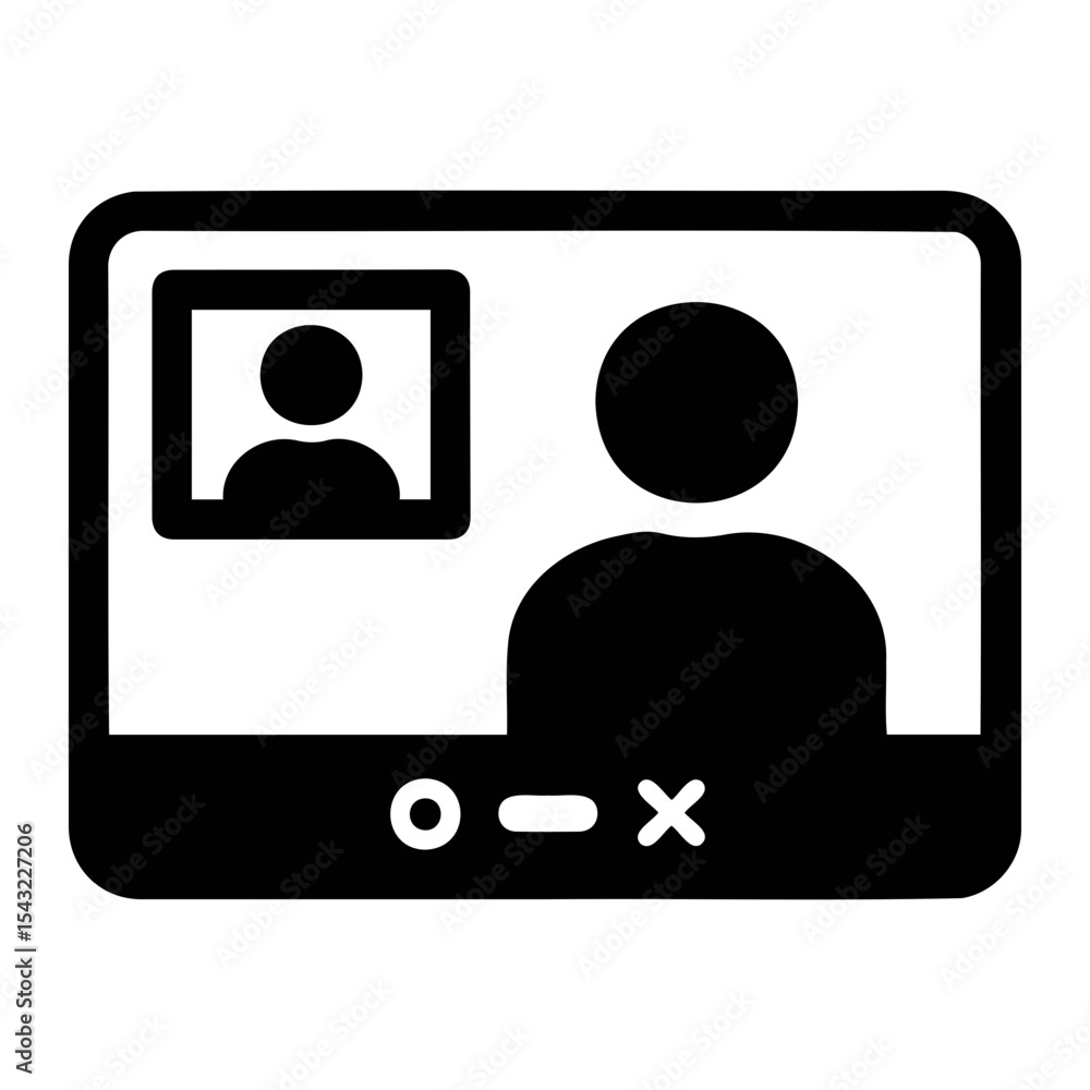 Poster a video call interface displaying two participants on a screen with call controls below them on tran