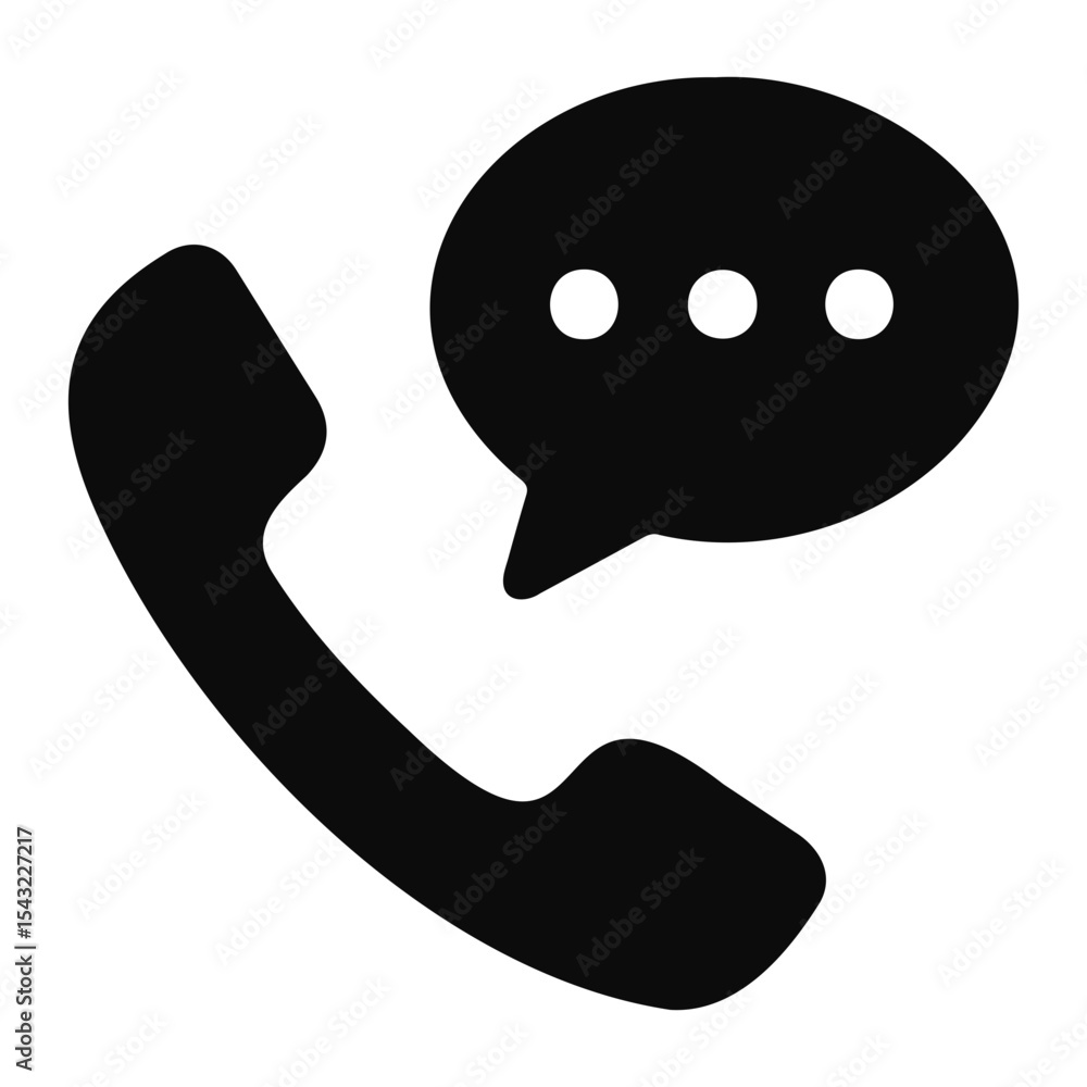 Poster black phone receiver icon with a speech bubble containing three dots on a white background on transp