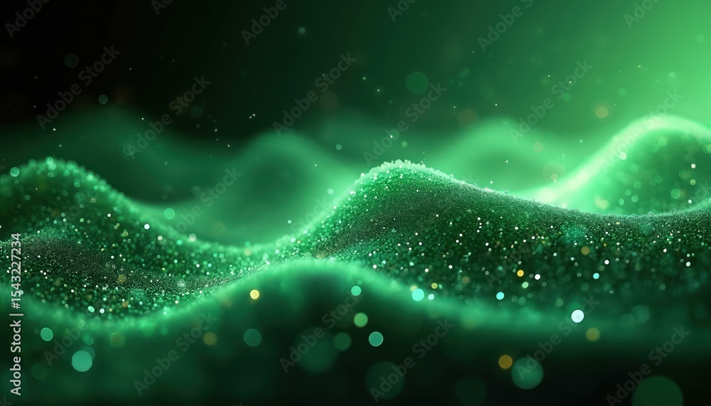 Poster abstract green energy waves with glowing particles on dark background. dynamic flowing pattern with 