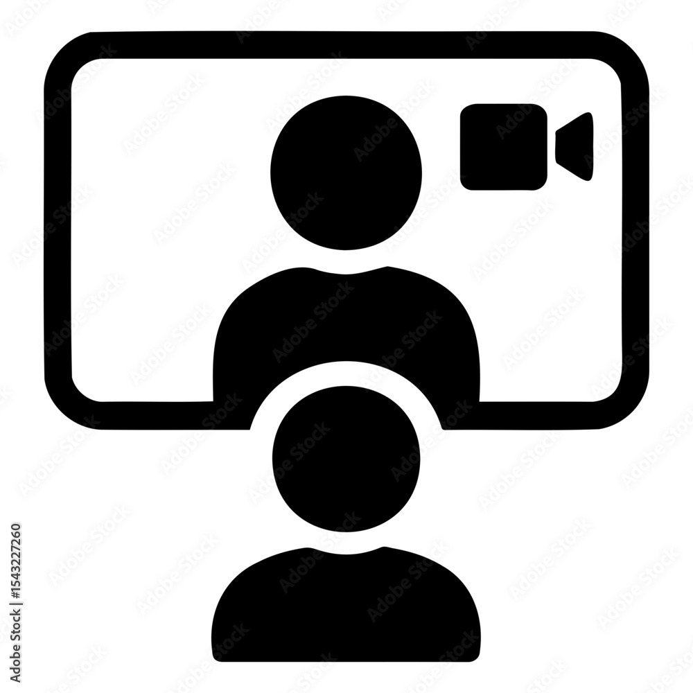 Poster icon of two people in a video call on a screen with a camera in the corner in black and white color 