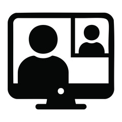 Icon of a computer screen displaying two people in a video call in black and white format design on transparent background