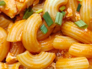 Close-up of cooked pasta in tomato sauce garnished with chopped green onions.