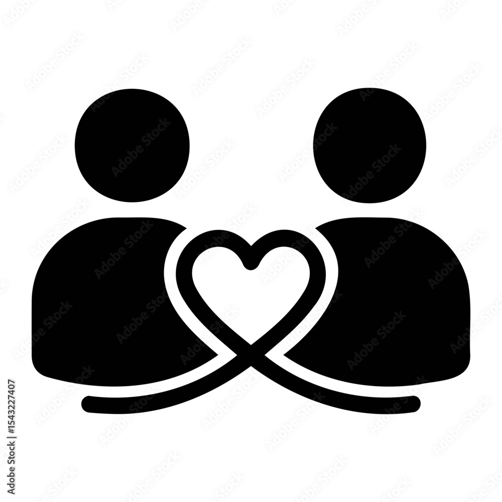 Poster two abstract figures in black silhouette facing each other with a heart connecting them in the middl