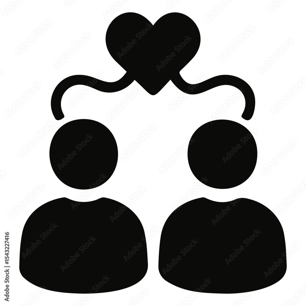 Poster two people silhouettes connected by curved lines to a heart shape above them in black color on trans