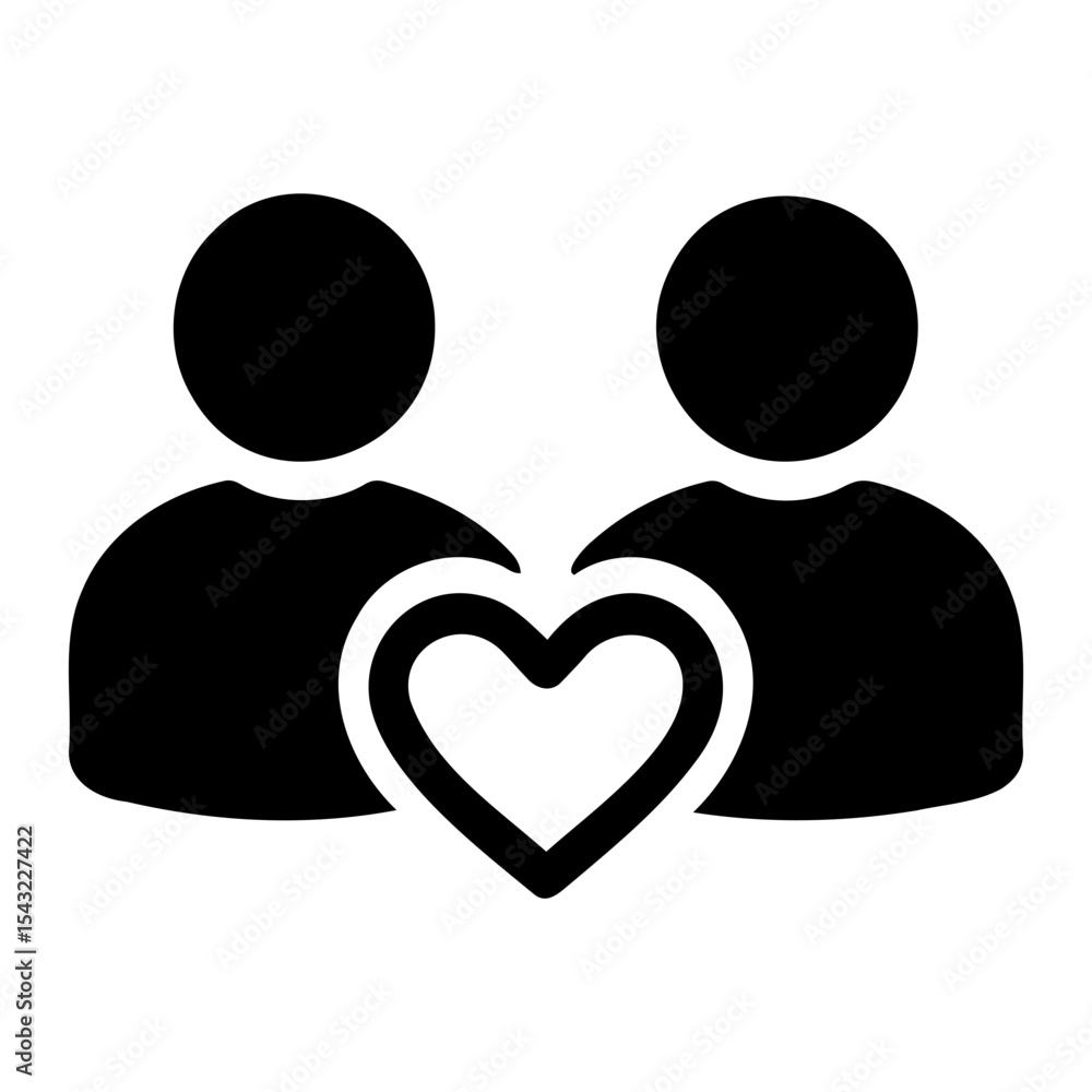 Poster two people icons standing side by side with a heart symbol in between them in black and white on tra