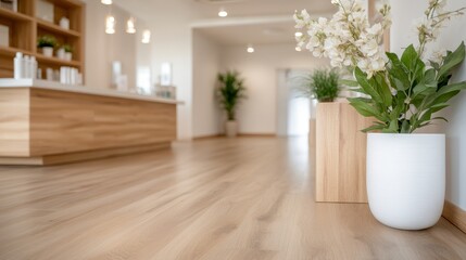 A bright, modern workspace featuring a beautiful arrangement of flowers, designed to evoke creativity and inspiration within a tranquil and clean environment.