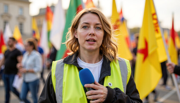 Woman reporter speaking at political protest holding microphone  