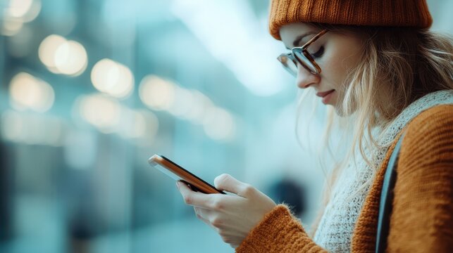 A young woman with glasses and a beanie intently uses her smartphone, highlighting modern communication and personal connection amid a softly blurred urban backdrop.
