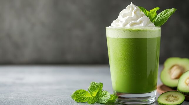 A refreshing green smoothie topped with whipped cream and mint leaves sits elegantly on a table, showcasing a healthy and delicious drink perfect for any time of day.