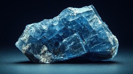 Close-up of a sizable, faceted blue crystal cluster, showcasing intricate, crystalline structure against a dark backdrop. A rich, deep blue hue dominates, with subtle variations in tone