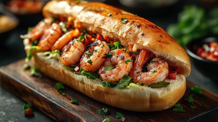 Shrimp Sandwich on Wooden Board
