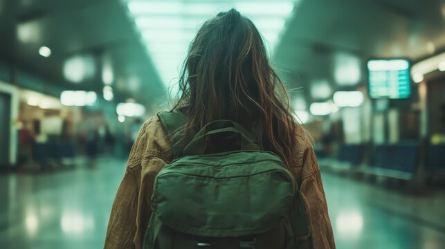 A lone traveler with a green backpack stands in a busy terminal, embodying anticipation and adventure as they prepare for an upcoming journey into the unknown.