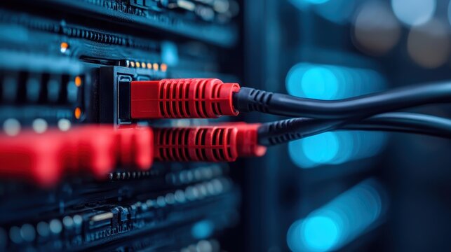 A detailed close-up of server connectors, showcasing red cables interwoven in an intricate network, symbolizing the complexity and connectivity of modern technology.