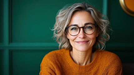 A warm and inviting portrait of a mature woman with glasses, smiling in a contemporary green interior, radiating confidence and a sense of calm and wisdom.