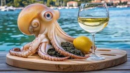 A white wine glass and a cuttlefish on a wooden board.