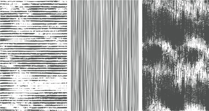 Three Vertical Gray Scale Stripe Patterns Textured Backgrounds Abstract Design Elements Grunge Style Monochrome Vector Seamless Repeating Textures