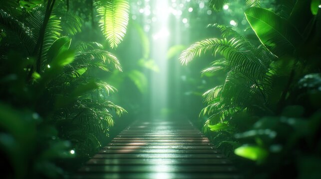 Fototapeta Lush jungle path with sunlight streaming through dense foliage