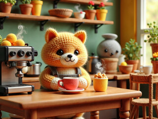 Hyper-realistic cat barista making coffee in a cozy café, while animal couples wait lovingly at tables.

