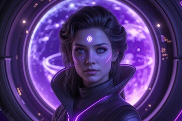 Futuristic Cosmic Adventures in a Fantasy Universe with Innovative Characters and Purple Gradients