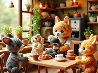 Hyper-realistic cat barista making coffee in a cozy café, while animal couples wait lovingly at tables.

