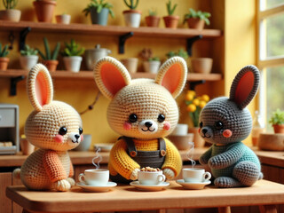 Hyper-realistic cat barista making coffee in a cozy café, while animal couples wait lovingly at tables.

