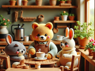 Hyper-realistic cat barista making coffee in a cozy café, while animal couples wait lovingly at tables.

