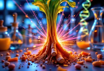 close up of ginger roots emitting bright anti tumor energy beams, lab environment with glassware and dna helix, vivid color palette, scientific fantasy.