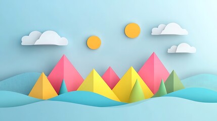Colorful paper cut mountains and clouds on a pastel background.