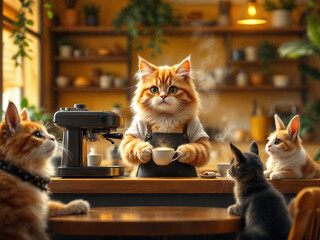Hyper-realistic cat barista making coffee in a cozy café, while animal couples wait lovingly at tables.

