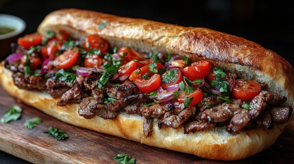 Steak Sandwich with Tomatoes and Onions on Wooden Board