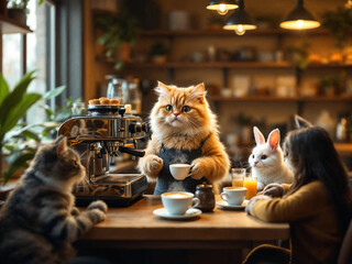 Hyper-realistic cat barista making coffee in a cozy café, while animal couples wait lovingly at tables.

