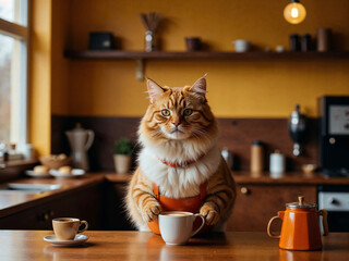 Hyper-realistic cat barista making coffee in a cozy café, while animal couples wait lovingly at tables.


