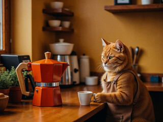 Hyper-realistic cat barista making coffee in a cozy café, while animal couples wait lovingly at tables.

