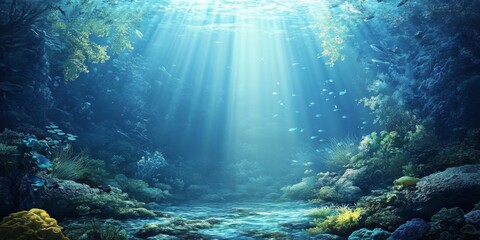 Obraz premium A beautiful underwater scene with rays of light shining through the water, creating an enchanting atmosphere. 