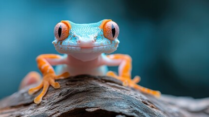 An eye-catching close-up of a colorful gecko perched on a log, showcasing its vibrant colors and unique characteristics, highlighting the beauty of wildlife.