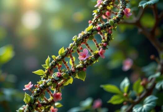 dna helix wrapped with herbal vine glowing with anticancer compounds, futuristic medical artwork.