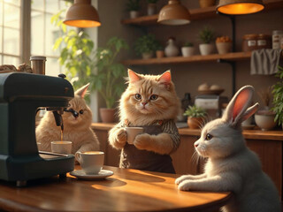 Hyper-realistic cat barista making coffee in a cozy café, while animal couples wait lovingly at tables.

