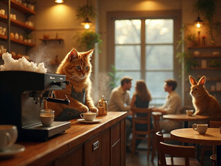 Hyper-realistic cat barista making coffee in a cozy café, while animal couples wait lovingly at tables.

