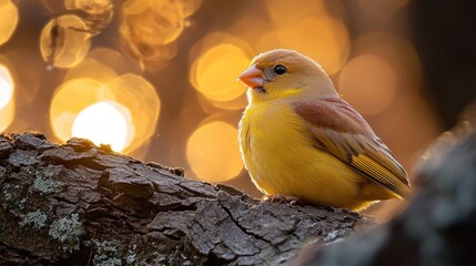 Close-up of a small, yellow bird perched on a tree branch, bathed in warm sunlight. Bokeh effect creates a soft, golden background
