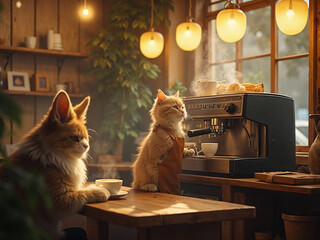 Hyper-realistic cat barista making coffee in a cozy café, while animal couples wait lovingly at tables.

