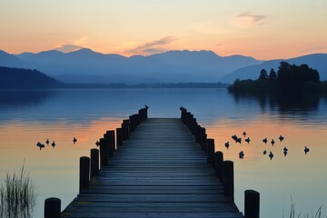 Fototapeta premium Serene sunset over a wooden pier tranquil lake landscape nature photography peaceful environment scenic viewpoint artistic concept
