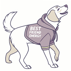Happy white dog wearing hoodie best friend energy design