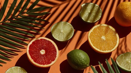Vibrant Citrus Fruits and Palm Leaf Shadow on Orange Background